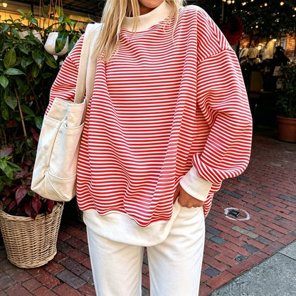 Red Striped Mock Neck Sweatshirt Oversized Pullover