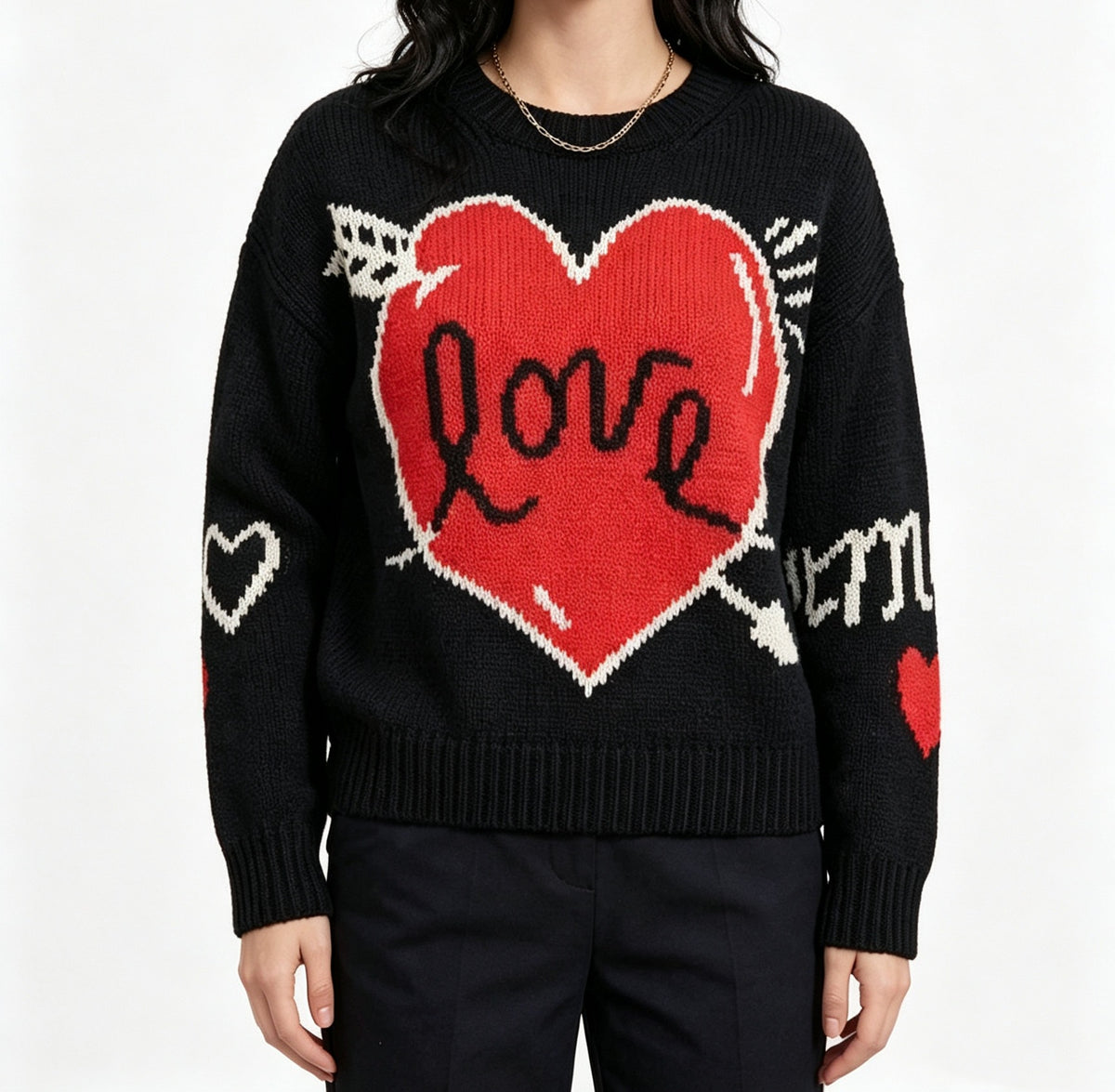 Women's Love Heart Crew Neck Knit Sweater Long Sleeve
