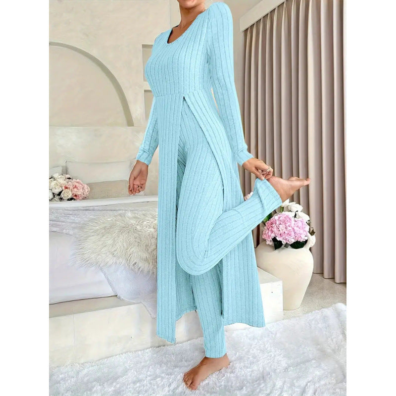 Women's Ribbed Knit Side Split Long Sleeve Two Piece Set