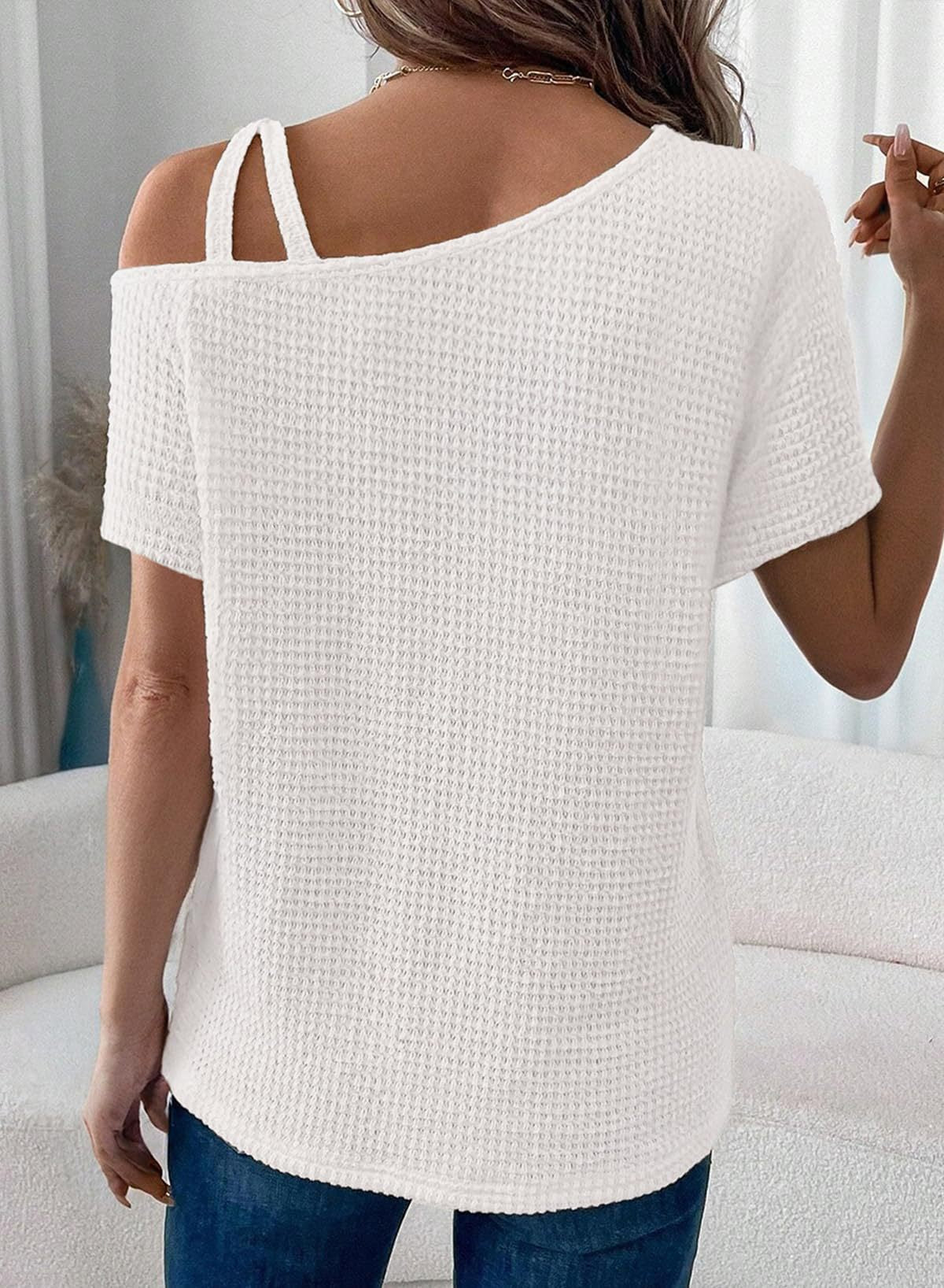 Women's Off-Shoulder Knit Top – Casual Summer Short Sleeve Blouse