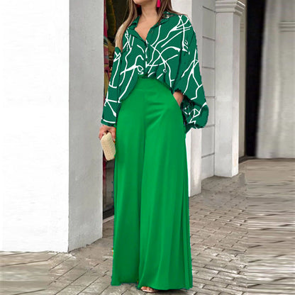 Women's Printed Blouse Wide Leg Pant 2 Piece Set