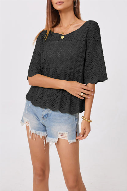 Crochet Knit Sweater Top Loose Hollow Out Short Sleeve Pullover