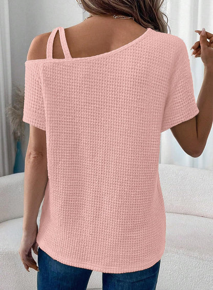 Women's Off-Shoulder Knit Top – Casual Summer Short Sleeve Blouse