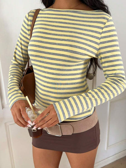 Striped Cotton Blend Long Sleeve Fitted Casual Tee