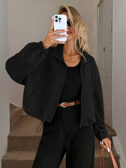 Textured Zip Up Bomber Jacket Drawstring Hem Casual Coat
