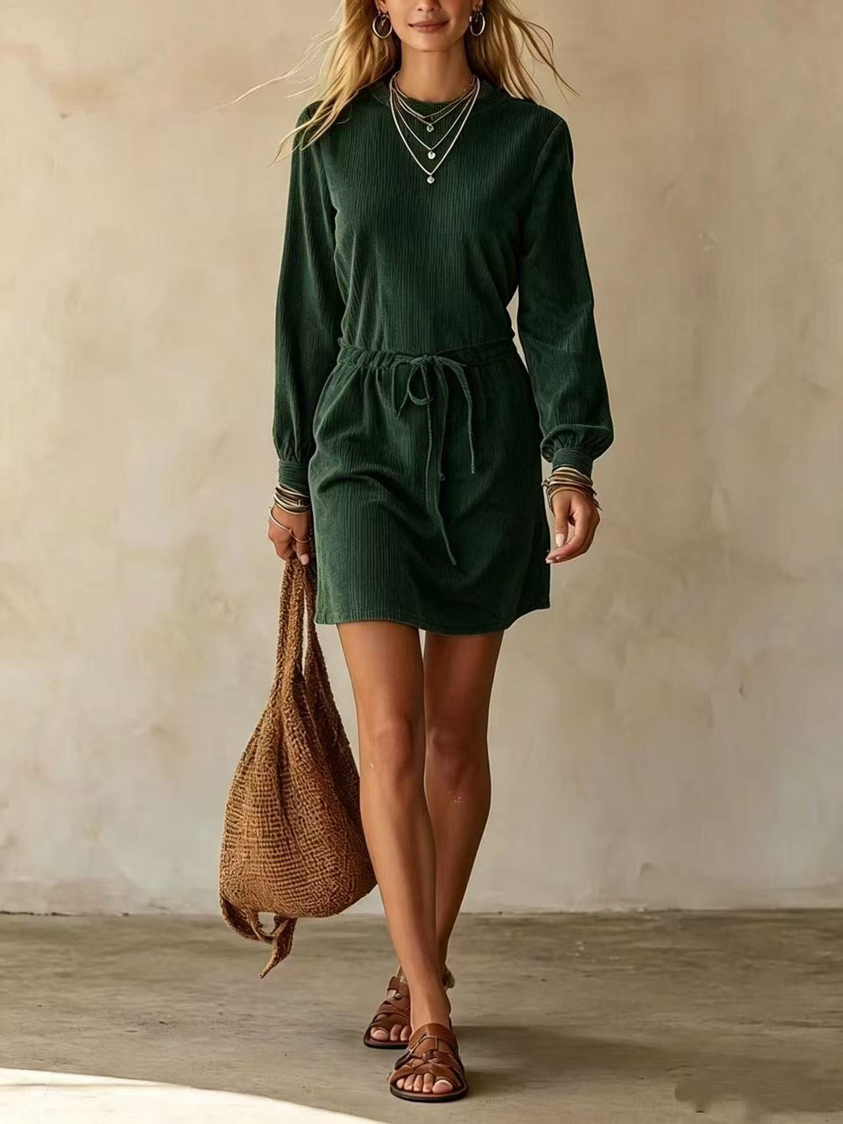 Women's Corduroy Long Sleeve Drawstring Waist Mini Dress