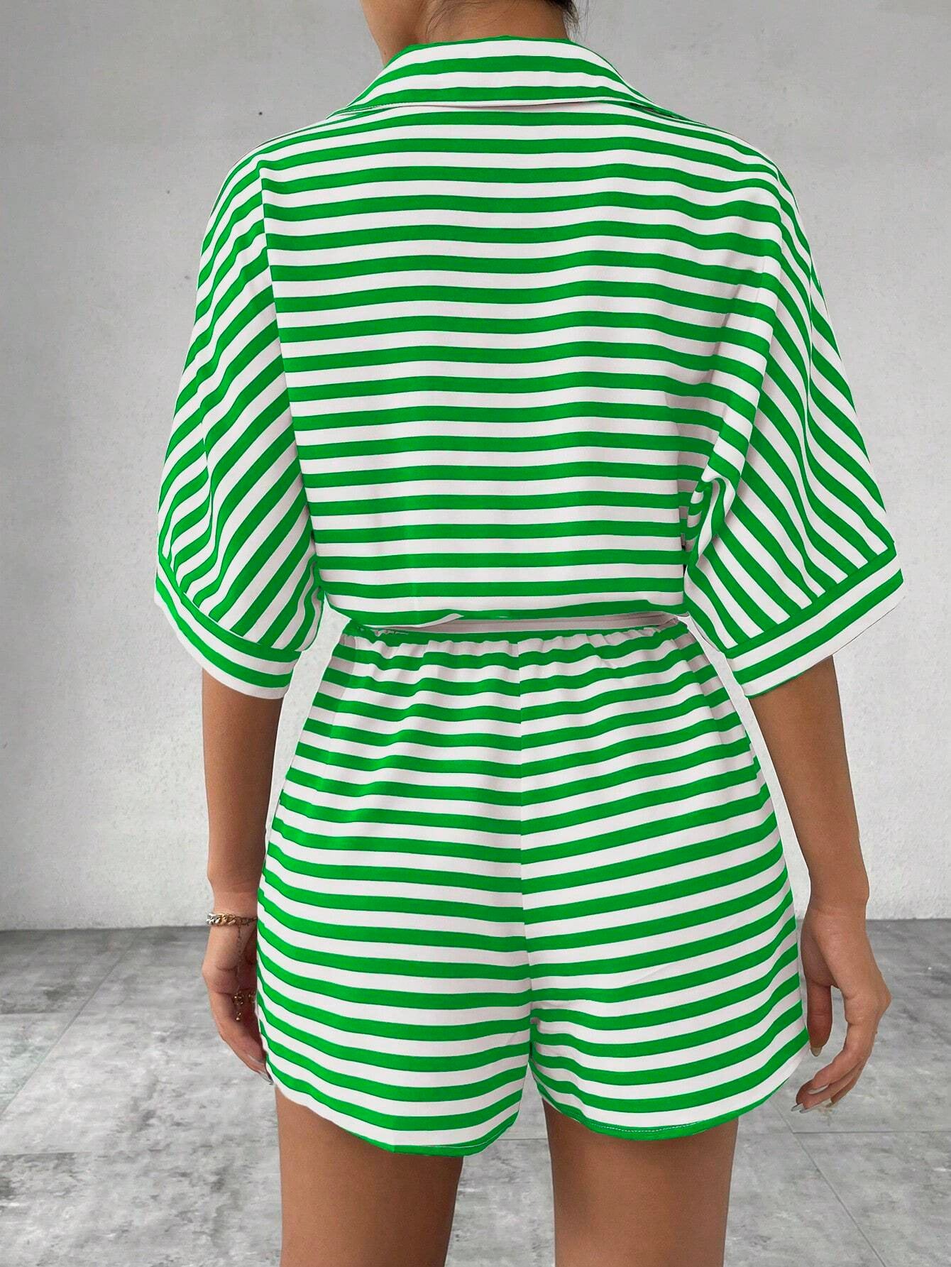 Striped Belted Button Down Romper with Half Sleeves