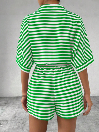 Striped Belted Button Down Romper with Half Sleeves