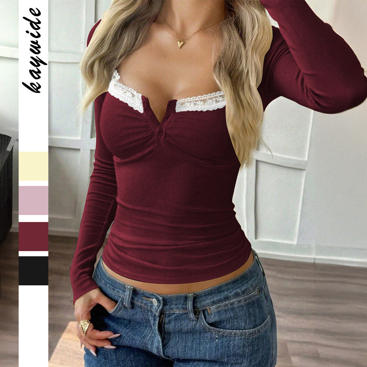 Y2K Lace Trim Ribbed Long Sleeve Fitted Top