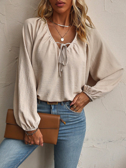 Tie Front V Neck Blouse Raglan Sleeve Relaxed Top