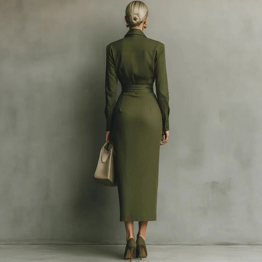 Womens Linen Shirt Dress Long Sleeve Asymmetric Midi Work