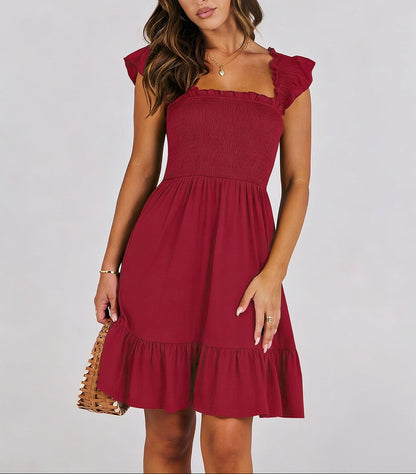 Smocked Square Neck Ruffle Sleeve Midi Dress