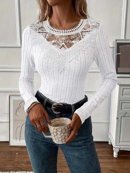 Women's Lace Panel Ribbed Long Sleeve Top