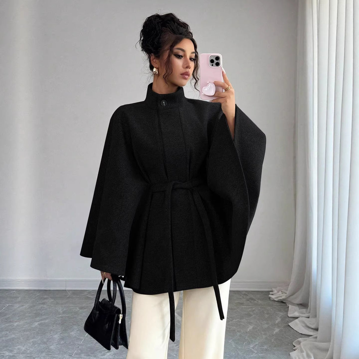 Women's Belted Cape Coat Stand Collar Wool Jacket