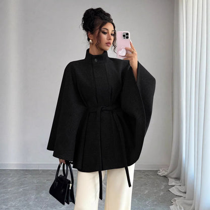 Women's Belted Cape Coat Stand Collar Wool Jacket