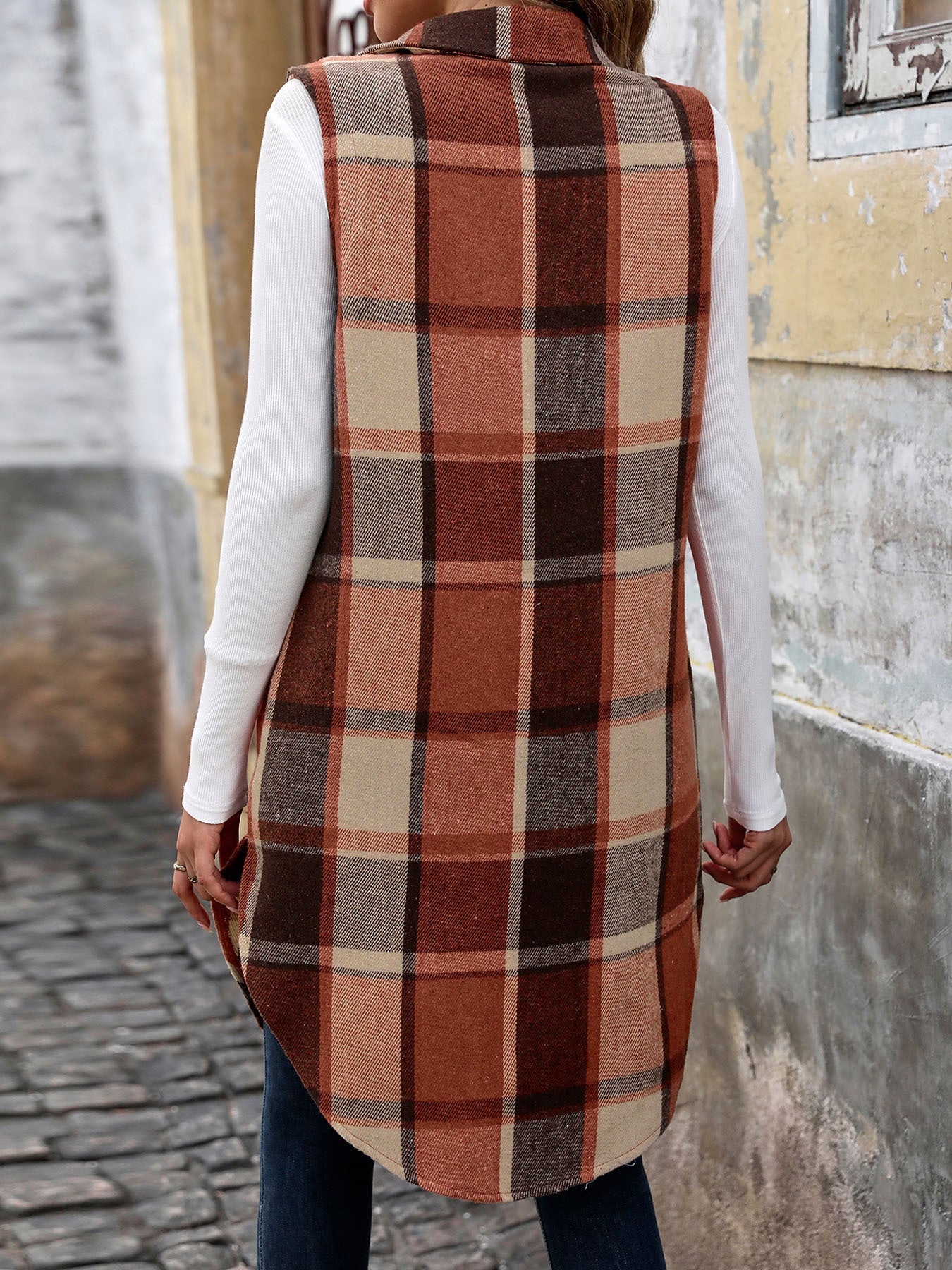 Plaid Longline Vest Lapel Button Front Pockets
