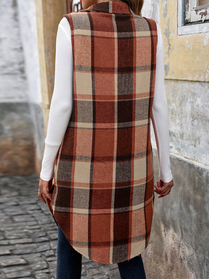 Plaid Longline Vest Lapel Button Front Pockets