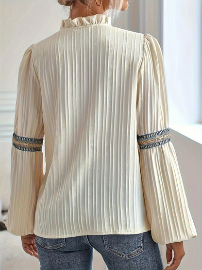 Lace Trim V Neck Blouse Lantern Sleeve Elegant Top