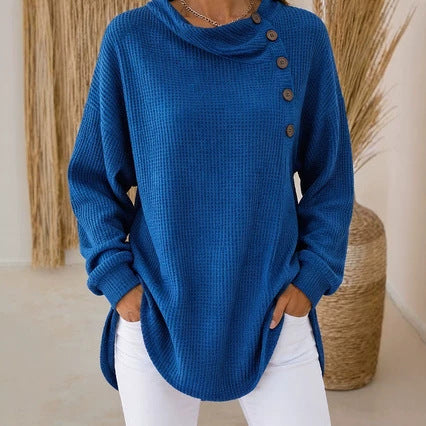 Women's Waffle Knit Cowl Neck Button Pullover Sweater