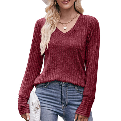 Solid Ribbed V-Neck Long Sleeve Knit Top for Women