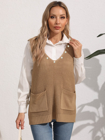 Women's Vest Double Pocket Splicing V-Neck Casual Pearl Vest Sweater