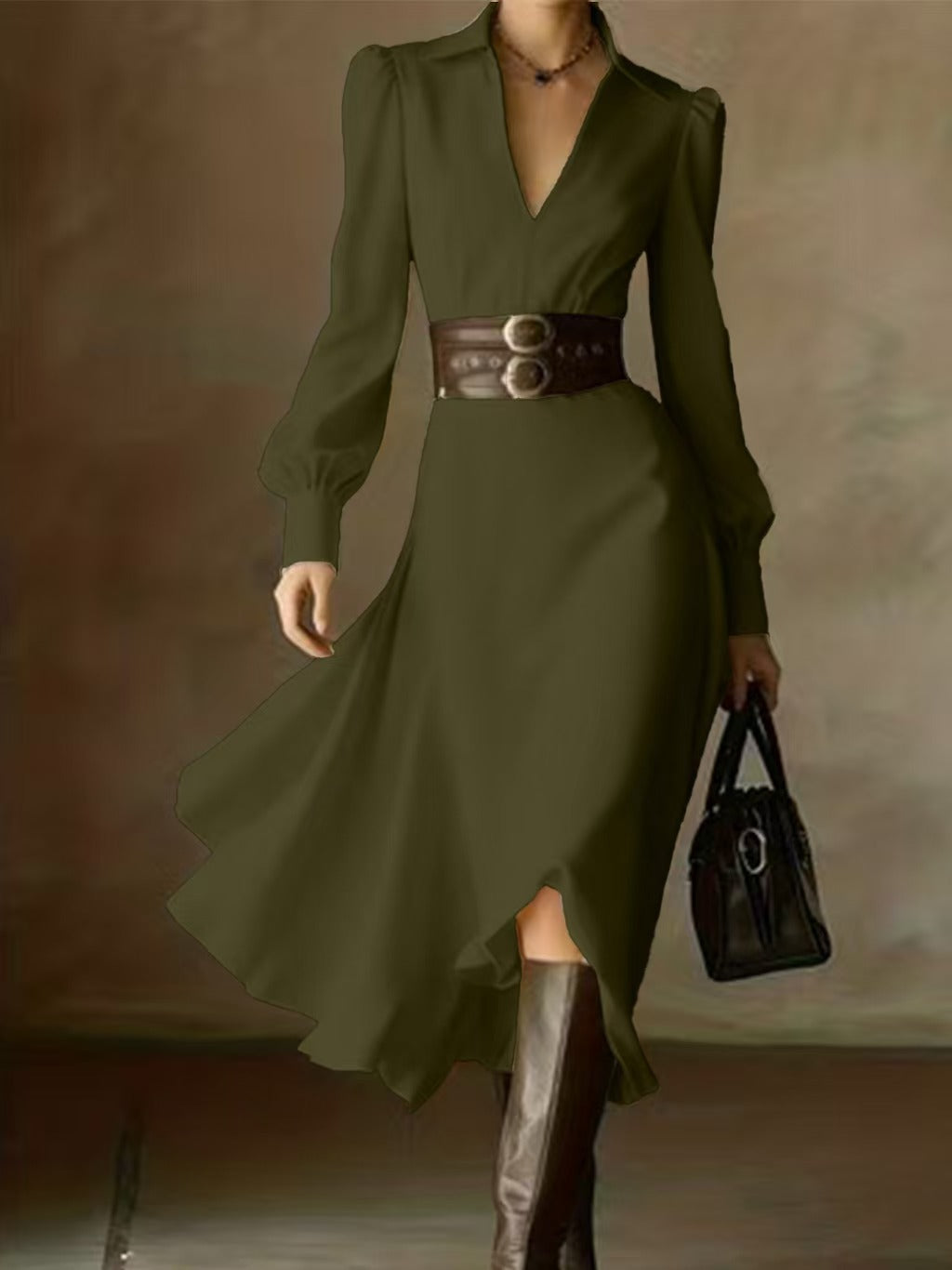 Women's White Collared Long Sleeve Pleated Maxi Dress