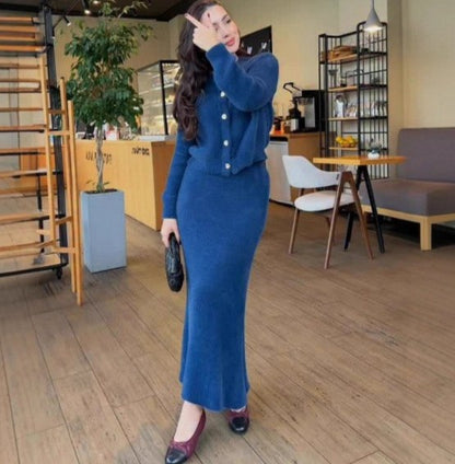 Fuzzy Button Cardigan Maxi Skirt Matching Set