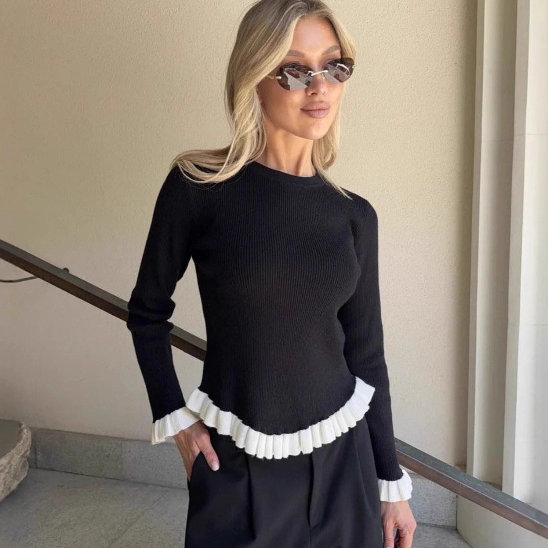 Ruffle Trim Crew Neck Ribbed Knit Sweater