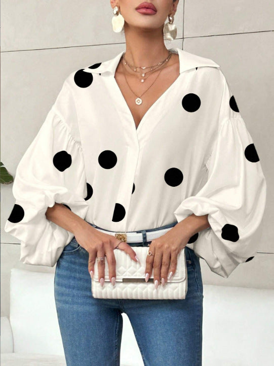Women's Polka Dot V-Neck Puff Sleeve Loose Blouse