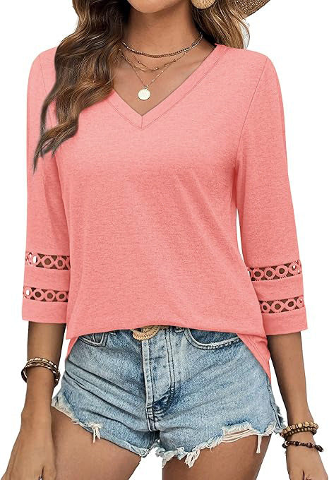 V Neck Lace Sleeve Casual Knit Top Women