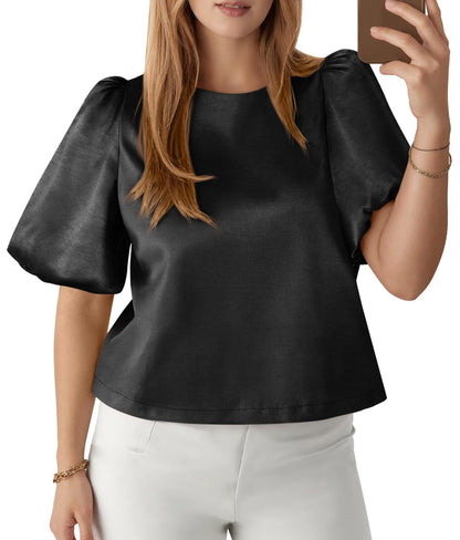 Satin Puff Sleeve Blouse Elegant Dressy Casual Top
