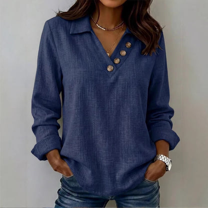 Women's Collared V-Neck Button Long Sleeve Casual Blouse