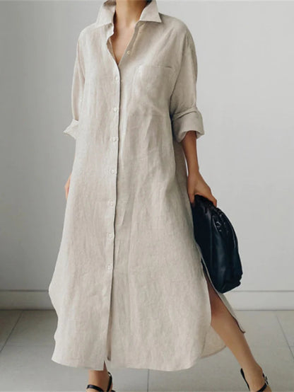 Women's Linen Shirt Dress Long Sleeve Button Down Maxi
