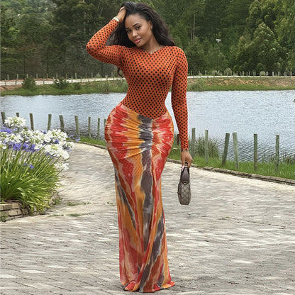 Sexy Mixed Print Long Sleeve Bodycon Maxi Dress