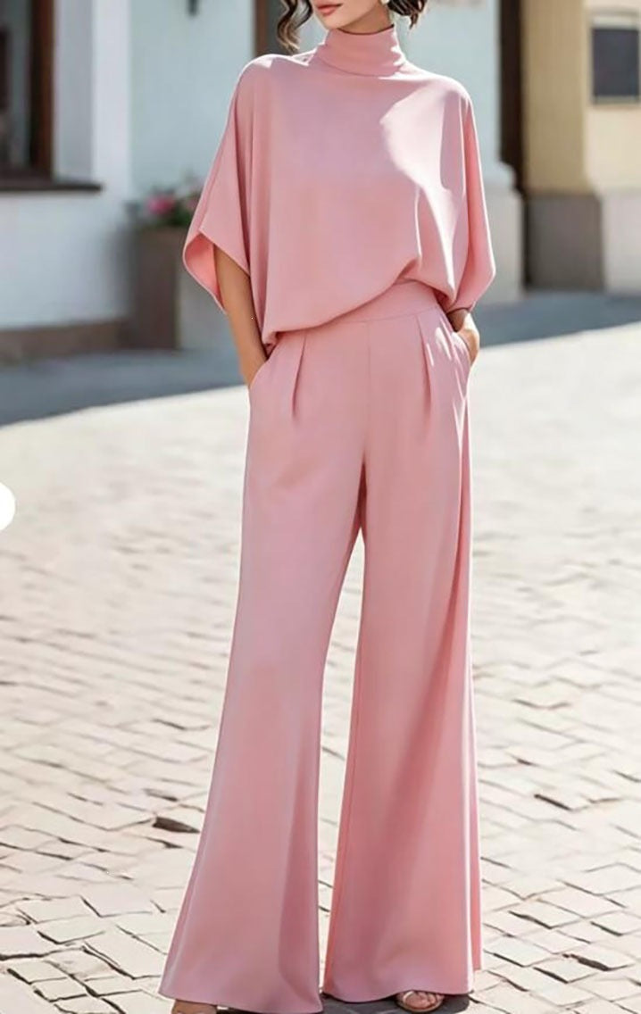 Women's Mock Neck Top & Wide Leg Pants Two Piece Set