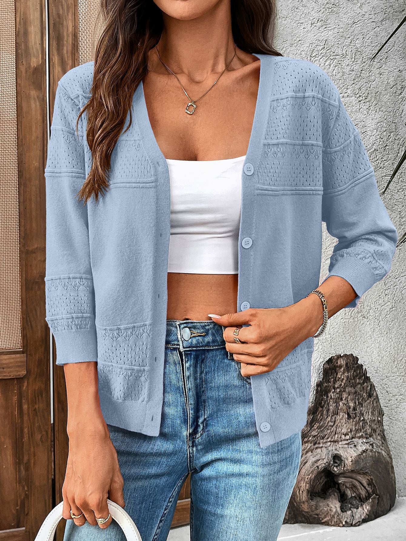 2025 Summer Hollow Knit V-Neck Cardigan with 3/4 Sleeves