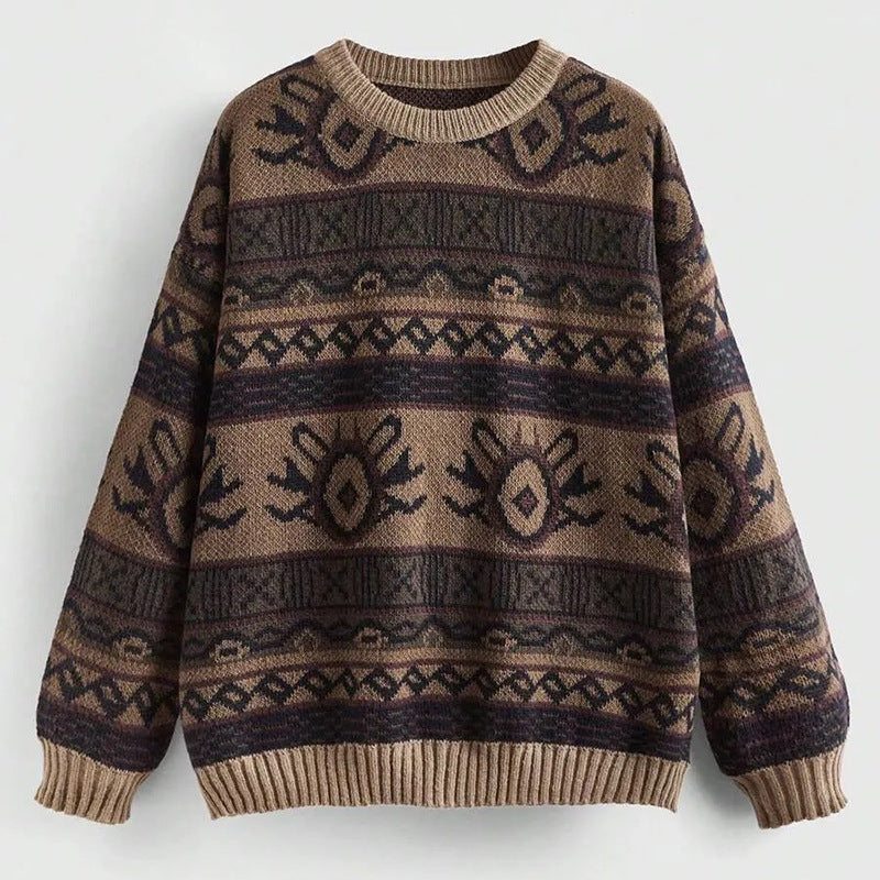 Women's Oversized Vintage Jacquard Crewneck Knit Sweater