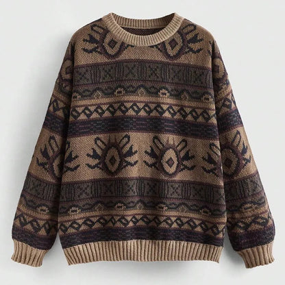 Women's Oversized Vintage Jacquard Crewneck Knit Sweater