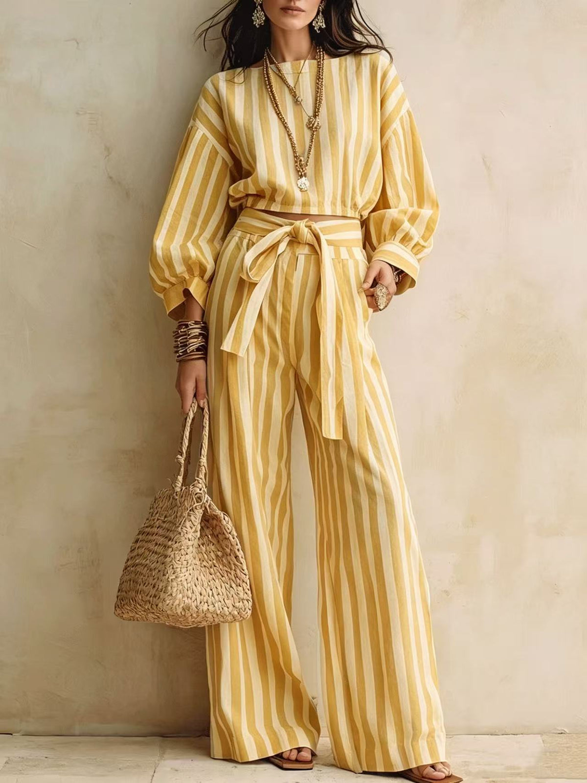 Striped Two Piece Crop Top Wide Leg Pants Set