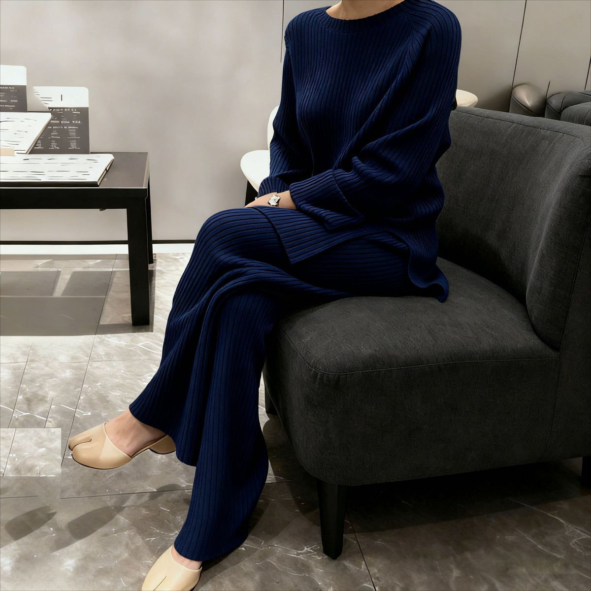 Women's Ribbed Knit Sweater Wide Leg Pants Set