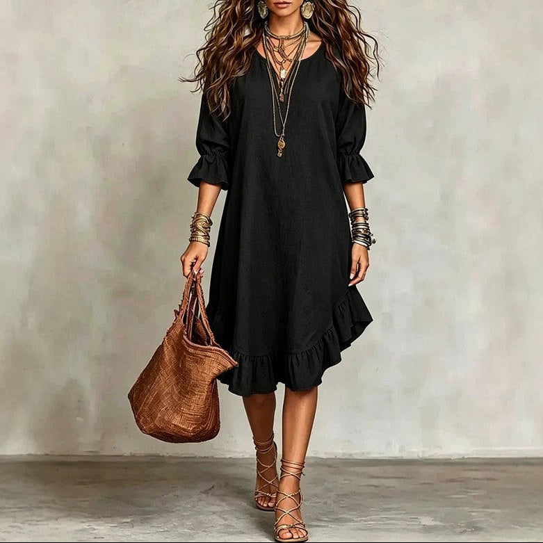Women's Boho V-Neck Flare Sleeve Ruffle Hem Midi Dress