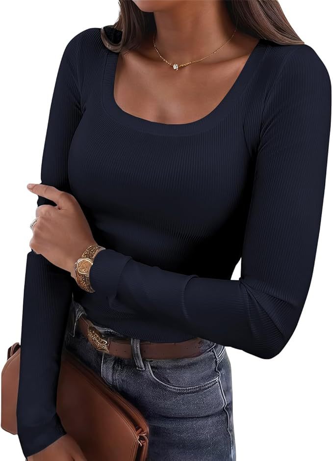Women's Ribbed Fitted Long Sleeve Scoop Neck Stretch Top