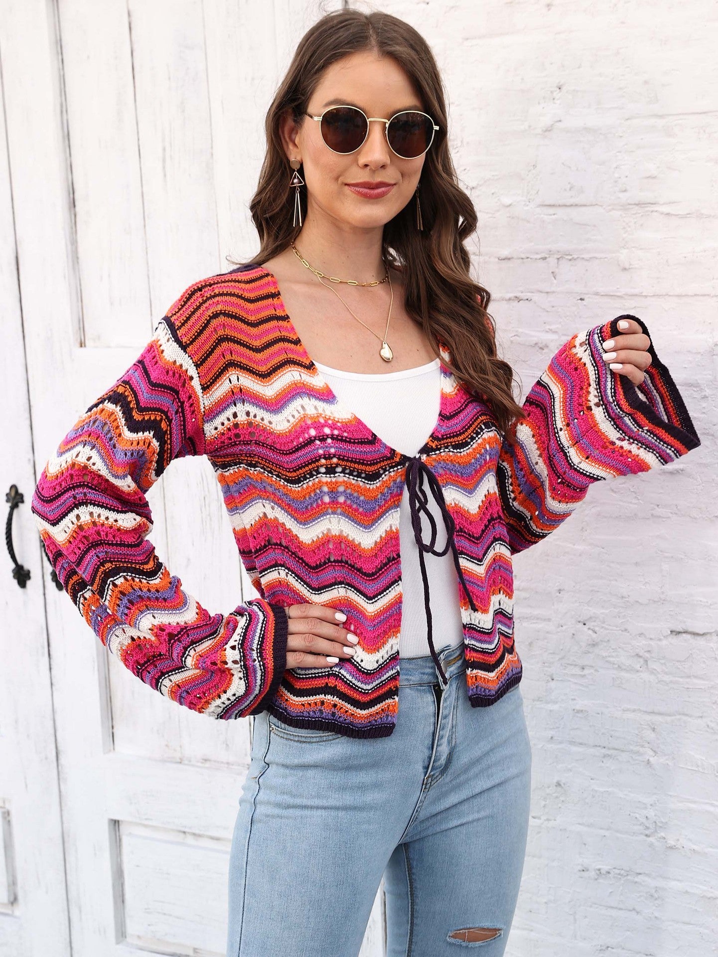 Rainbow Splicing Striped Strap Sweater Jacket