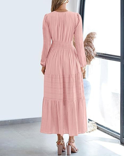 Women's V-Neck Long Sleeve Tiered Maxi Smocked Cotton Dress