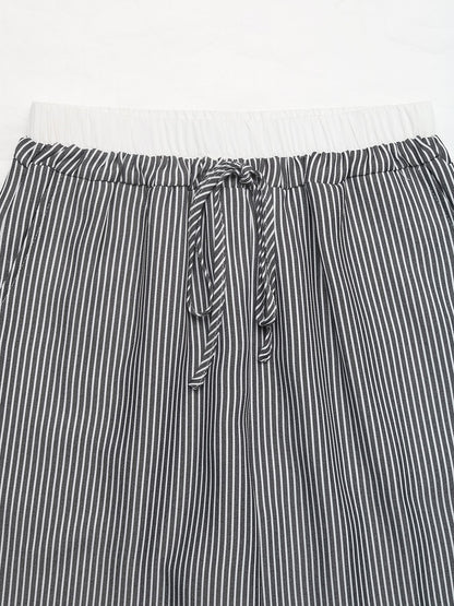Striped Lace Trim Drawstring Wide Leg Pants
