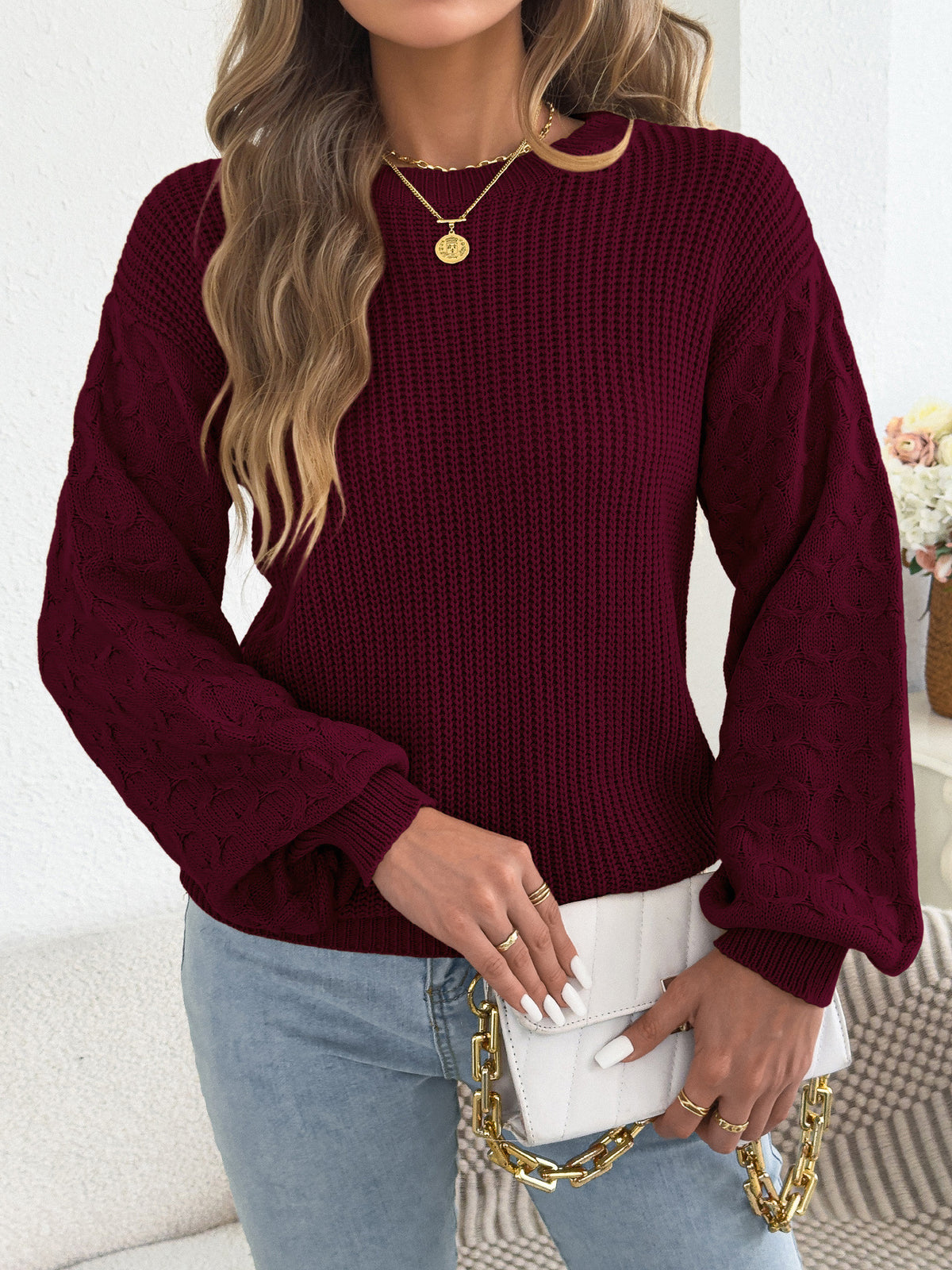 Women's Crew Neck Cable Knit Balloon Sleeve Sweater