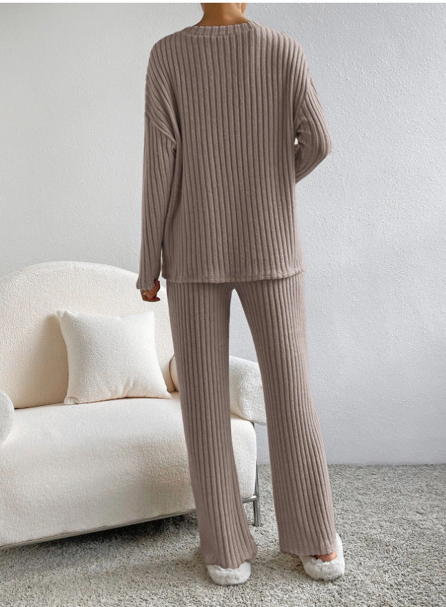 Women's Ribbed Knit V Neck Lounge Set Straight Leg Pants