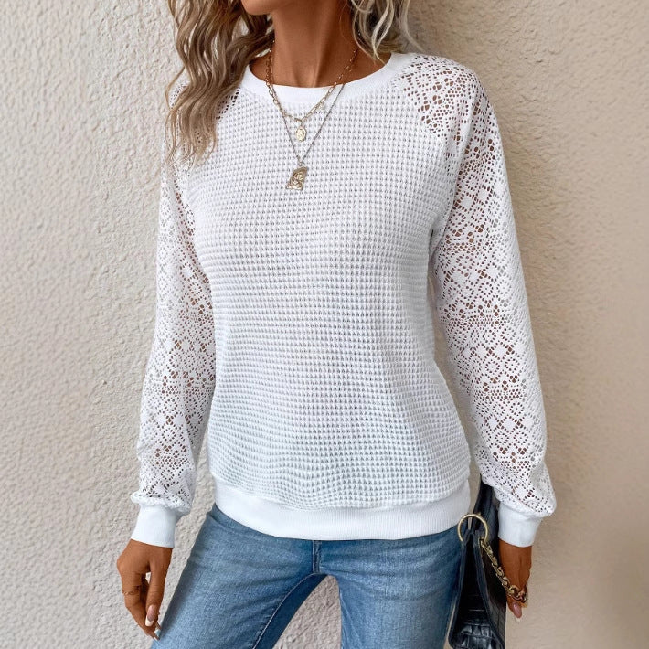 Lace Long Sleeve Crew Neck Hollow Out Knit Top