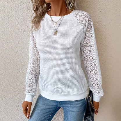Lace Long Sleeve Crew Neck Hollow Out Knit Top