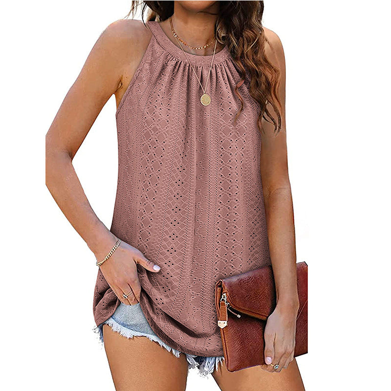 Loose Fit Round Neck Pleated Sleeveless Vest T-Shirt